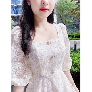 Váy xoè ren cổ vuông 2 lớp