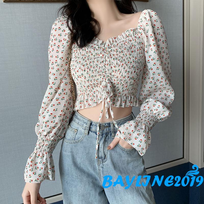 Áo Hoa Kiểu Tay Dài Cổ Vuông Ngọt Ngào Thời Trang Cho Nữ
