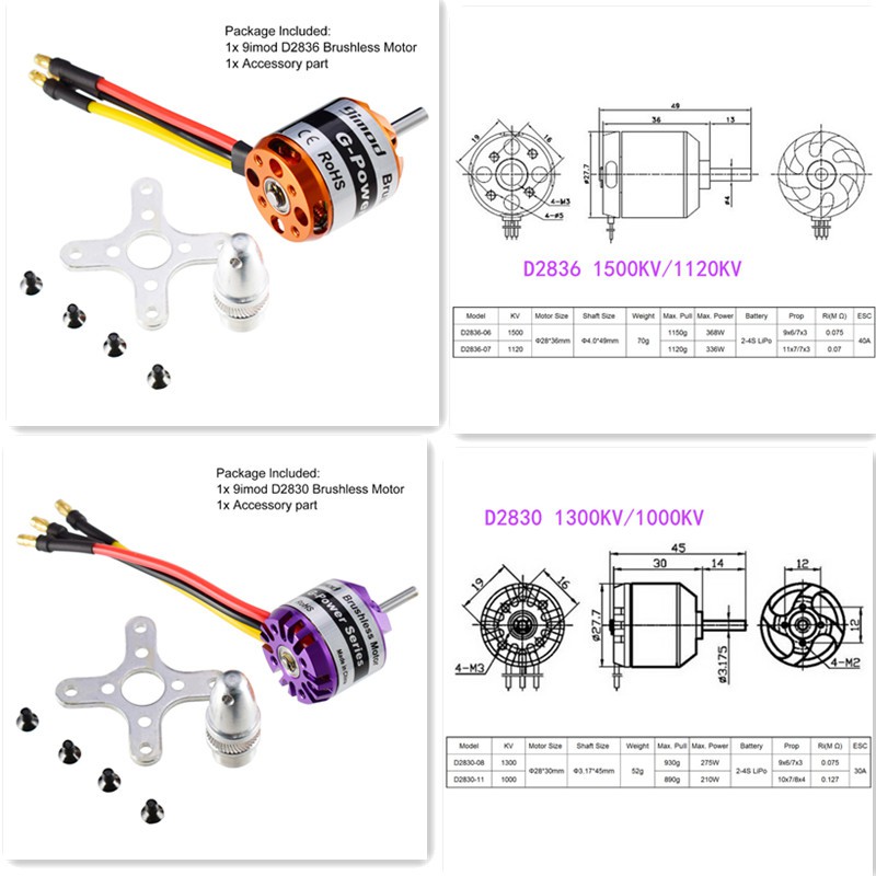 Động cơ không chổi than 790kv 1000kv 1400kv 1450kv 2200kv 2600kv 9imod D3548 D3542 cho máy bay RC