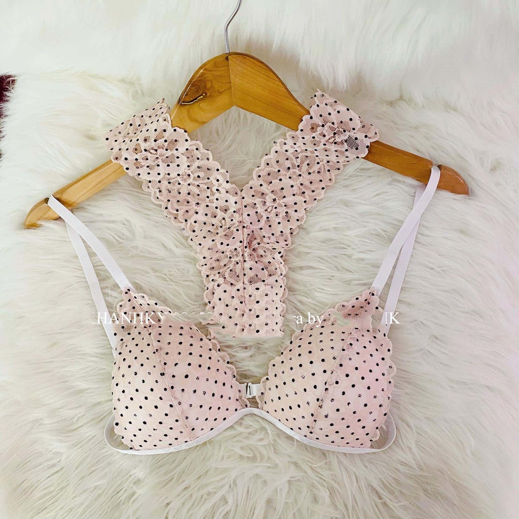 🌺 RẺ NHẤT SHOPEE 🌺 Bộ đồ lót ren không gọng có mút chấm bi 2 màu xanh và hồng nude | BigBuy360 - bigbuy360.vn