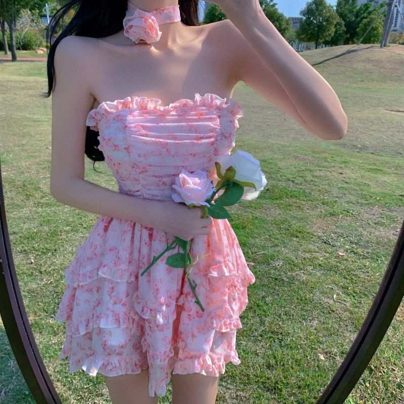 Set Áo Ống Kèm Chân Váy Chữ A In Họa Tiết Hoa Dành Cho Nữ