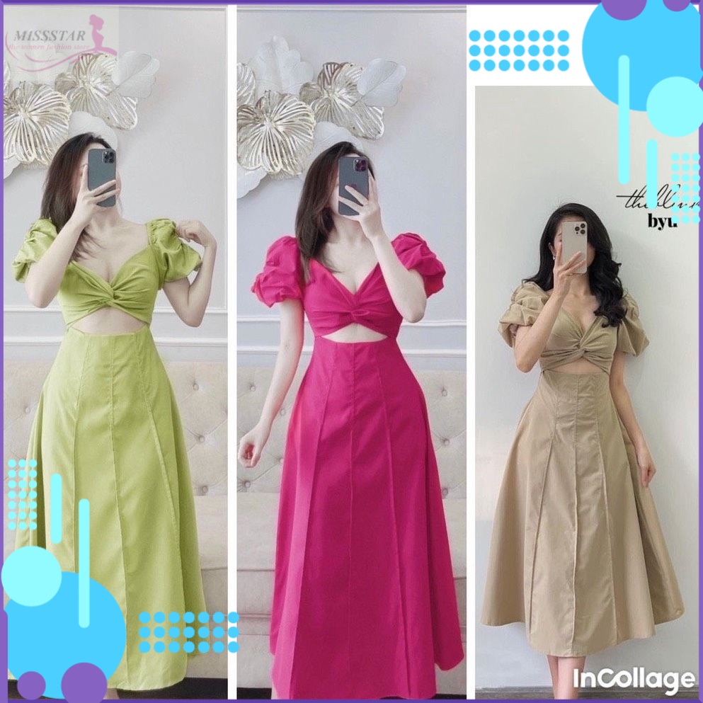 Đầm Xoắn Ngực Phối Tay Bồng Cut Out Sang Chảnh, Quyến Rũ, Trẻ Trung, Chất Kaki Đũi Cao Cấp Dày Mềm Mịn, Mát, Bền Đẹp