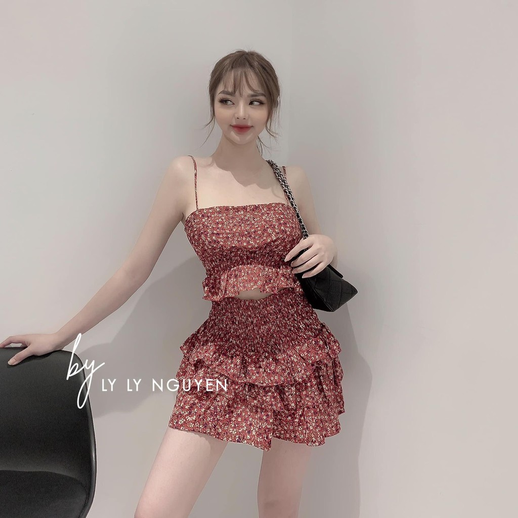 set bộ hoa áo 2 dây xinh chân váy tầng siêu xinh xắn hot hit