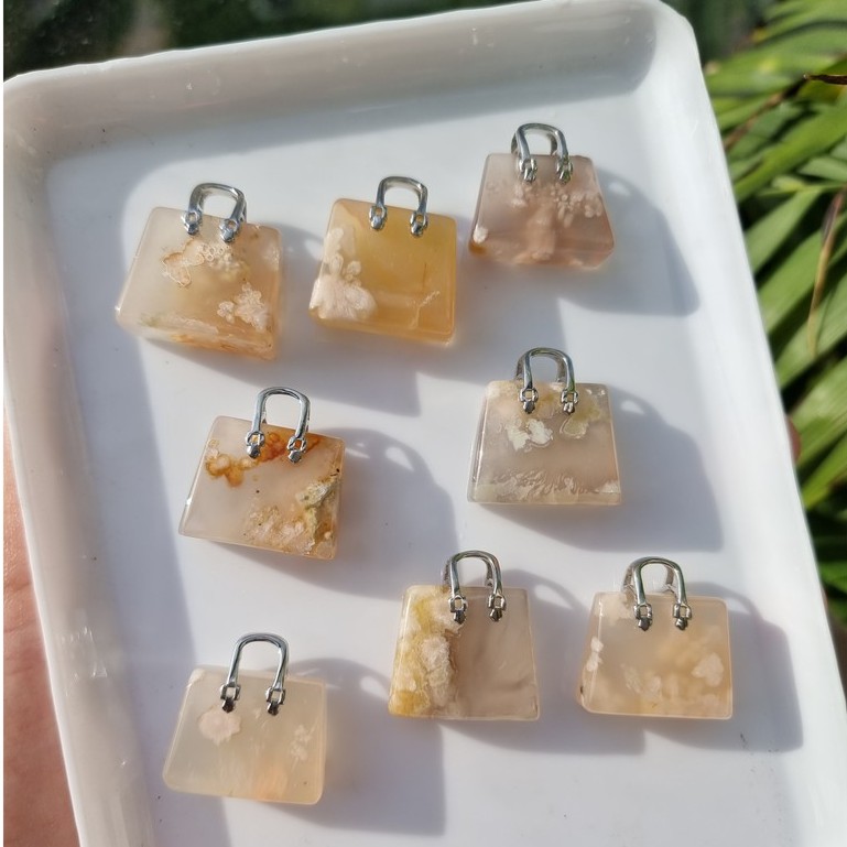 Charm túi đá hoa anh đào (Blossom Agate), dùng thanh tẩy trong Tarot, Reiki, thiền định, phong thủy