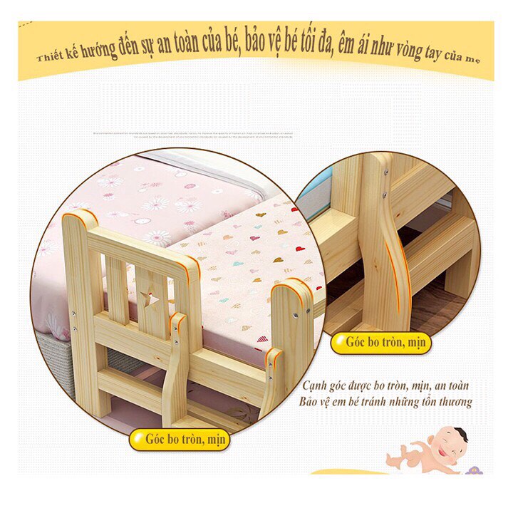 Giường gỗ cho bé size 128*60cm, Quây 3 mặt không cầu thang