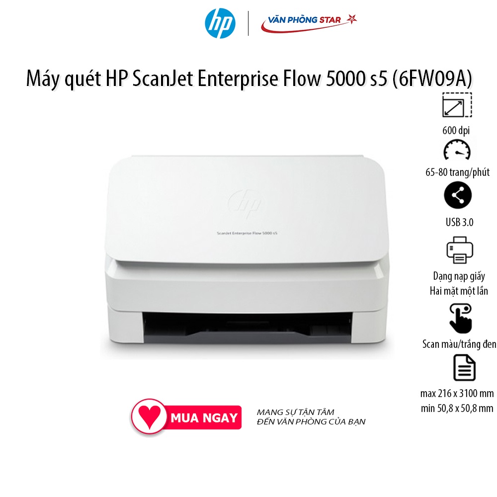 Máy quét HP ScanJet Enterprise Flow 5000 s5 (6FW09A) tốc độ 60 - 85 trang/phút độ phân giải 600 dpi Scan 2 mặt
