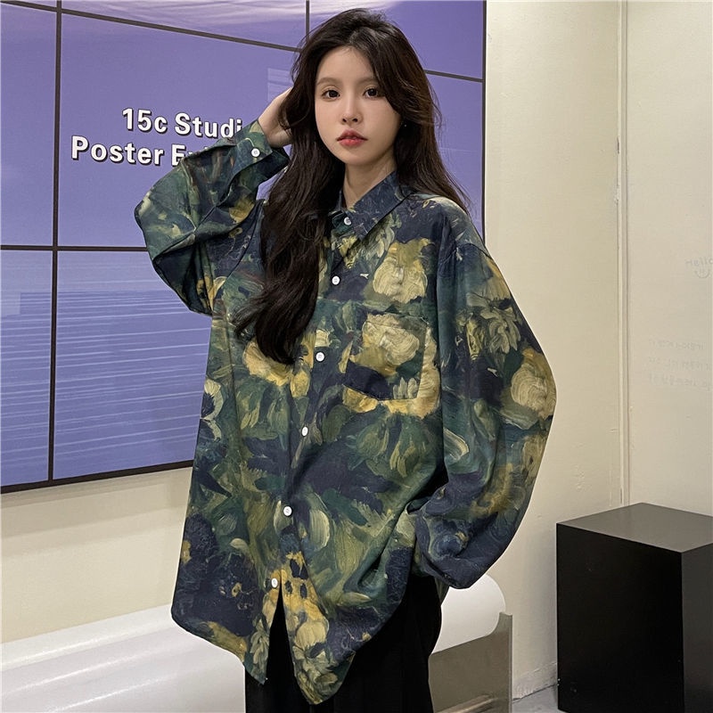 Áo Sơ Mi Dáng Rộng In Họa Tiết Màu Xanh Lá Phong Cách Mới Cho Nữ
