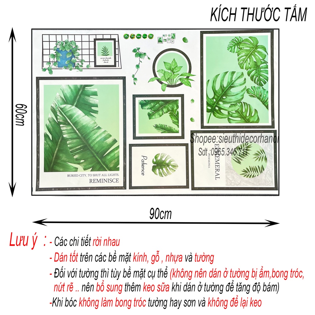 Decal dán tường phòng ngủ KHUNG ẢNH LÁ CÂY QR9124. Đề can dán tường Hàn quốc kích thước 60x90cm