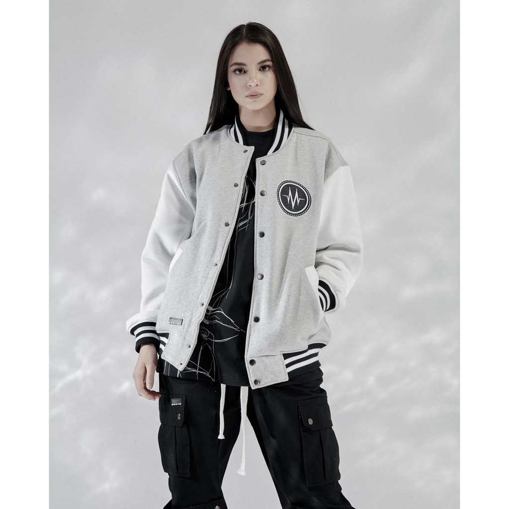 Áo Bomber Nỉ MENTAL® /College Varsity Jacket/ Xám Trắng