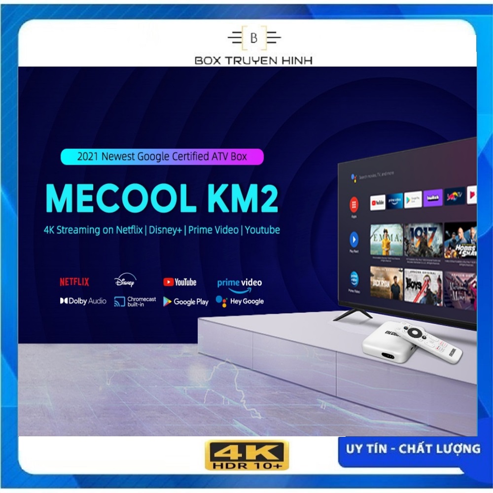 Android Box Mecool KM2, CPU S905X2-B, DDR4 2GB, eMMC 8GB, Android TV 10 chính chủ Google, remote voice theo box