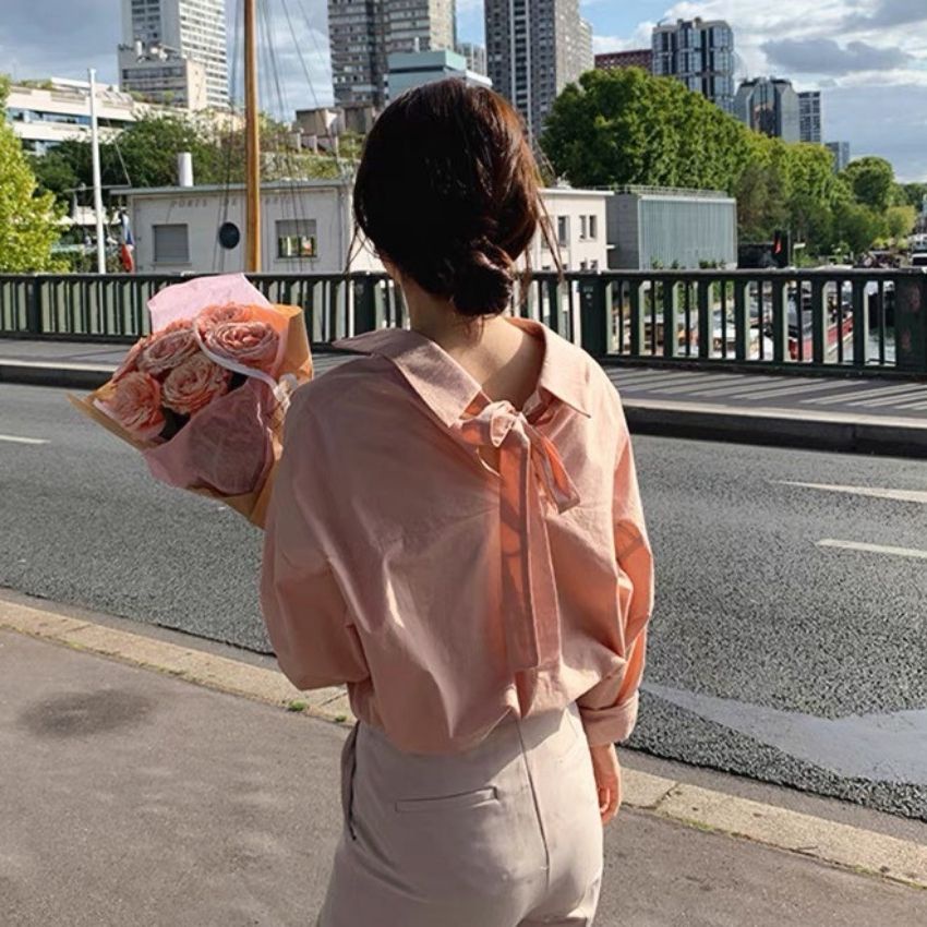 Áo sơ mi nữ tay dài cột nơ phía sau – Phong cách công sở - Style Hàn Quốc - Kemi