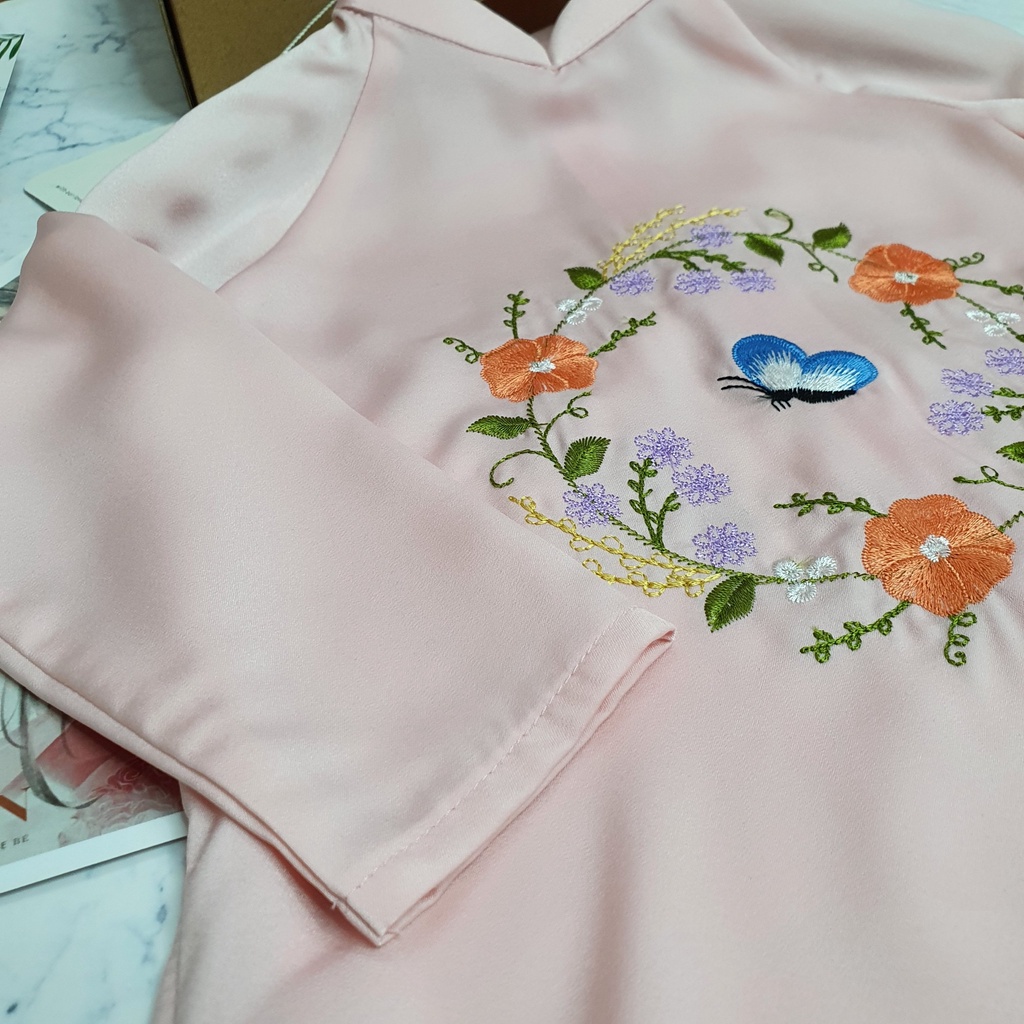 Áo Dài Bé Gái Chất Lụa Cao Cấp Mát Lịm Thêu Hoa Hồng Diệp Hồng