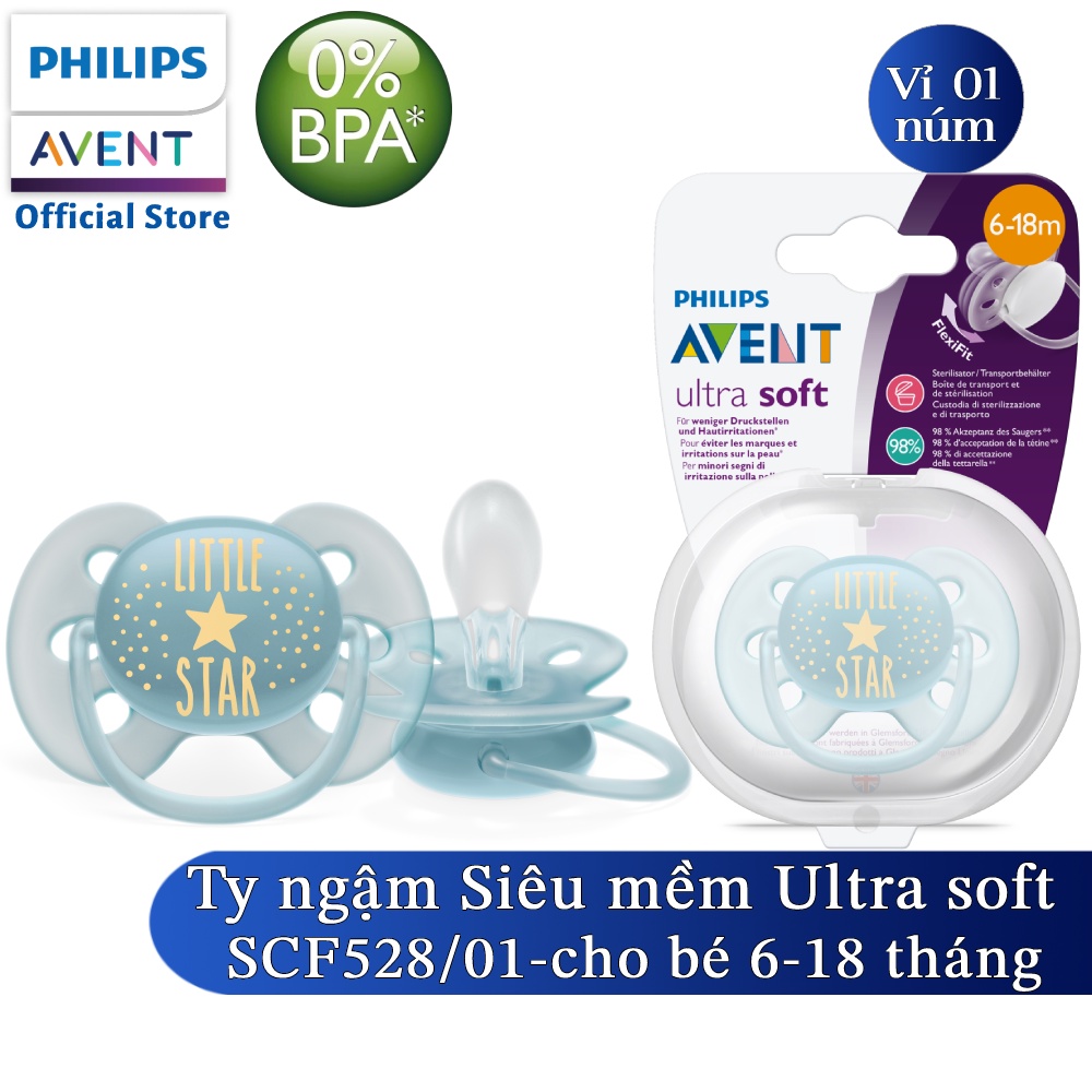 Philips Avent núm ty ngậm siêu mềm 6-18 tháng, vỉ đơn SCF528/01 SCF529/01