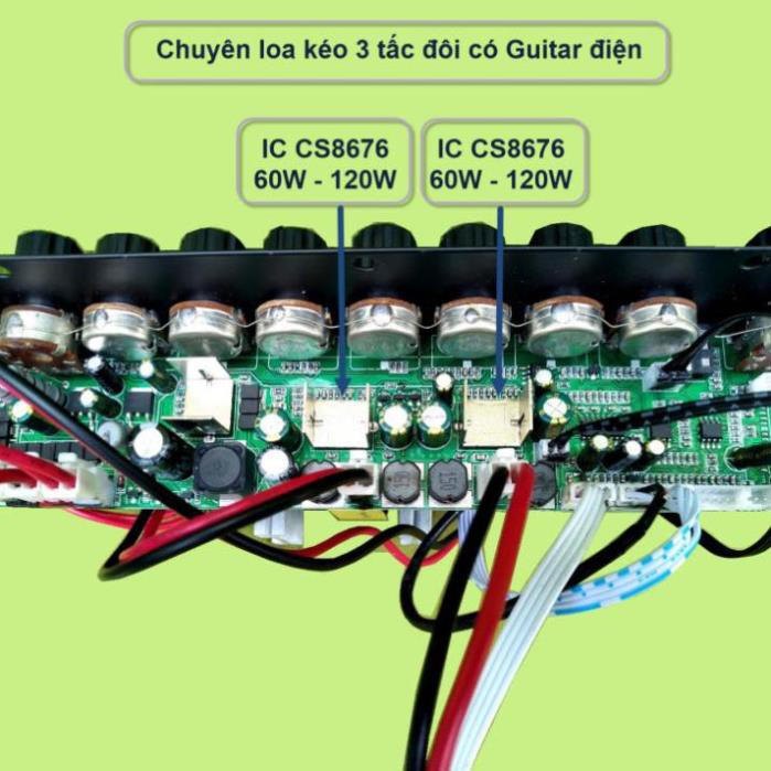 Mạch loa kéo 2 kênh 3 tấc đôi có Guitar điện 2 IC CS8676 120W + 120W có nguồn xung 220V kèm Micro UHF đôi