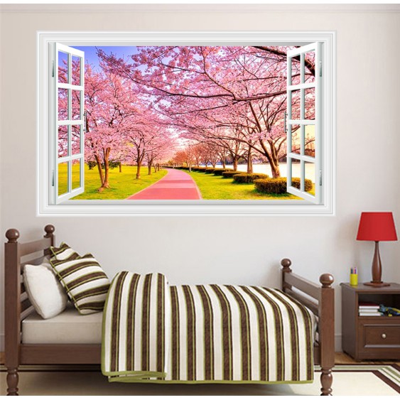 Decal trang trí khung cửa sổ cảnh con đường Hoa Anh Đào