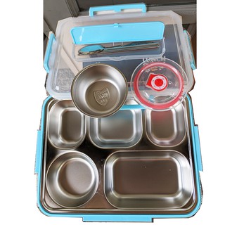 Bộ khay đựng thức ăn inox nhiều ngăn, đựng trong hộp nhựa nắp khóa cài kín hơi. V823
