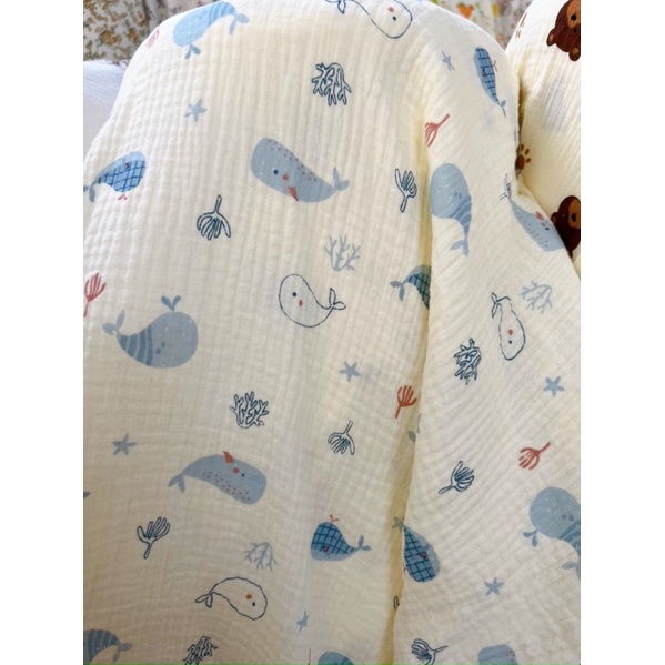 vải xô muslin 2 lớp cao cấp hình cá heo mềm mịn chuẩn loại 1 dùng may khăn và quần áo cho bé