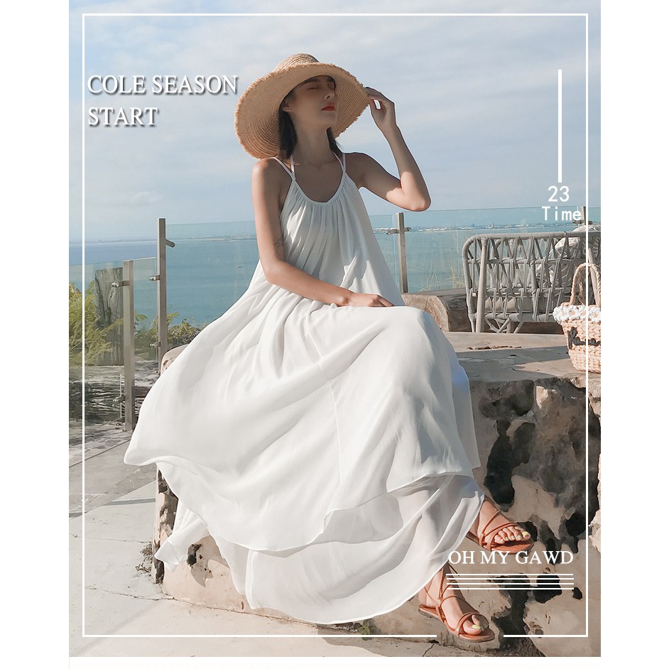 Váy voan cổ yếm dáng dài thời trang đi biển quyến rũ cho nữ | BigBuy360 - bigbuy360.vn