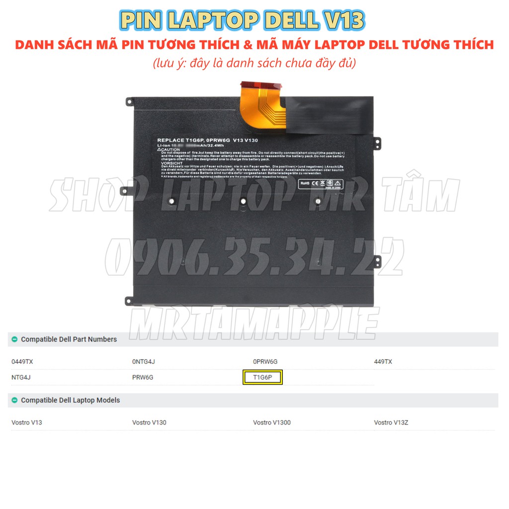 (BATTERY) PIN LAPTOP DELL V13 - 4 CELL - Latitude 13 Vostro V13 V130 V1300 V13Z