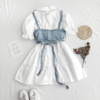 Set đầm sơ mi + ghi lê xanh