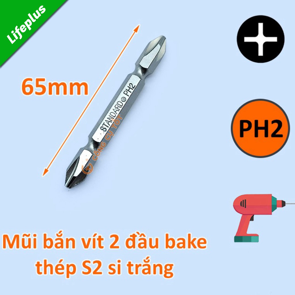 Mũi bắn vít 2 đầu bake thép S2 si trắng Standard Đài Loan dài 65mm