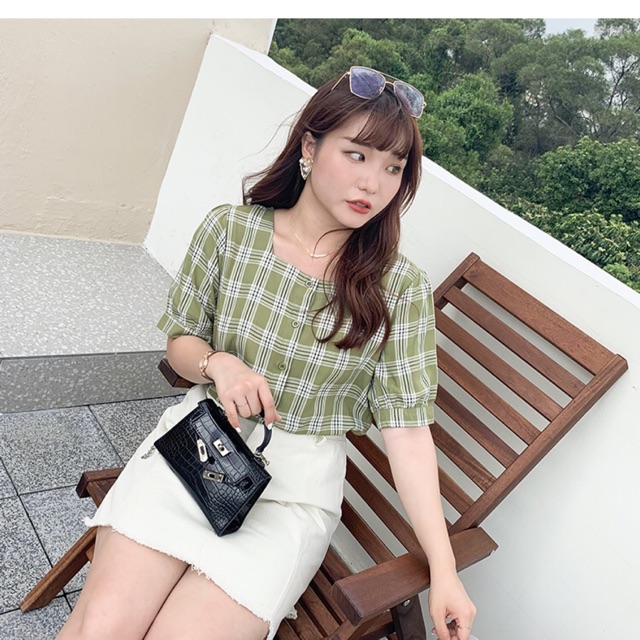 Áo kiểu caro cổ chữ U cài nút trước size 65-100kg