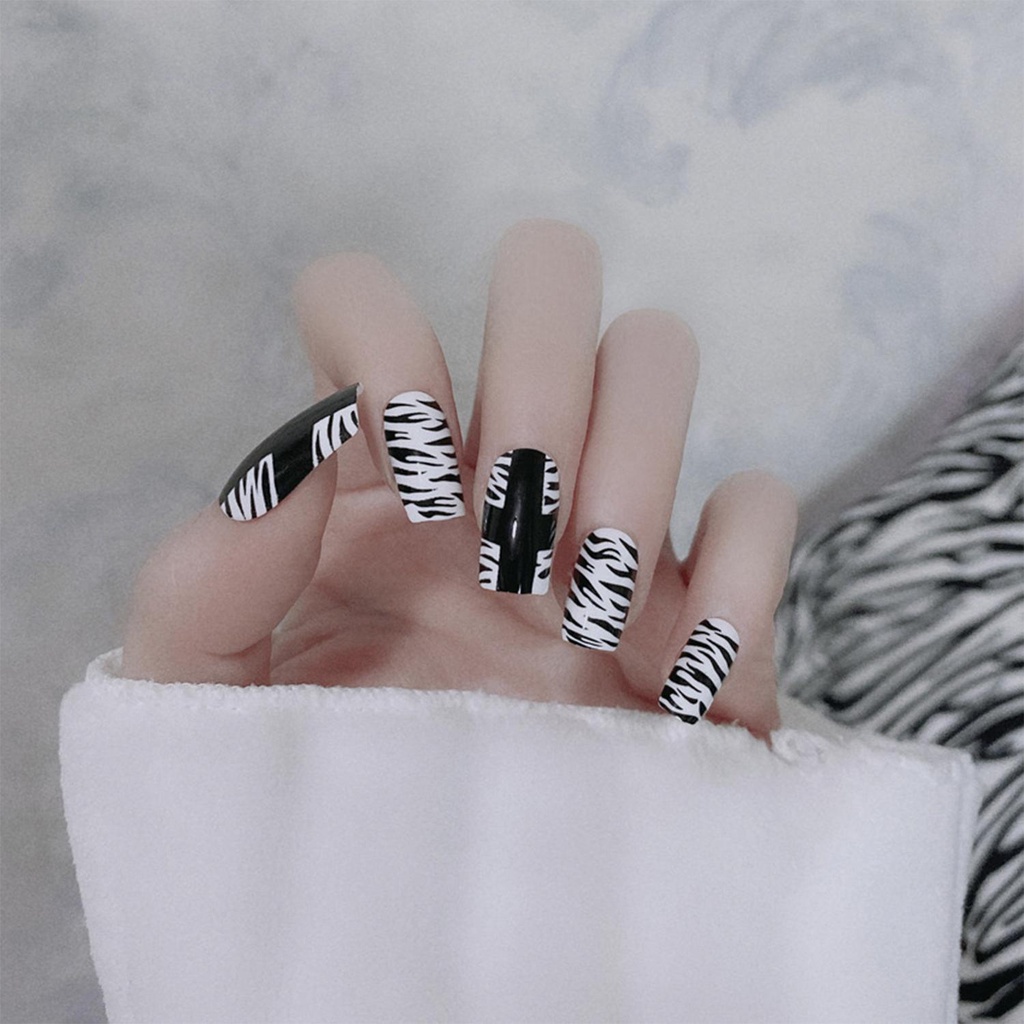 CACTU Bộ 24 Móng Tay Giả Hình Vuông Họa Tiết Ngựa Vằn Che Phủ Toàn Diện Có Thể Tháo Rời