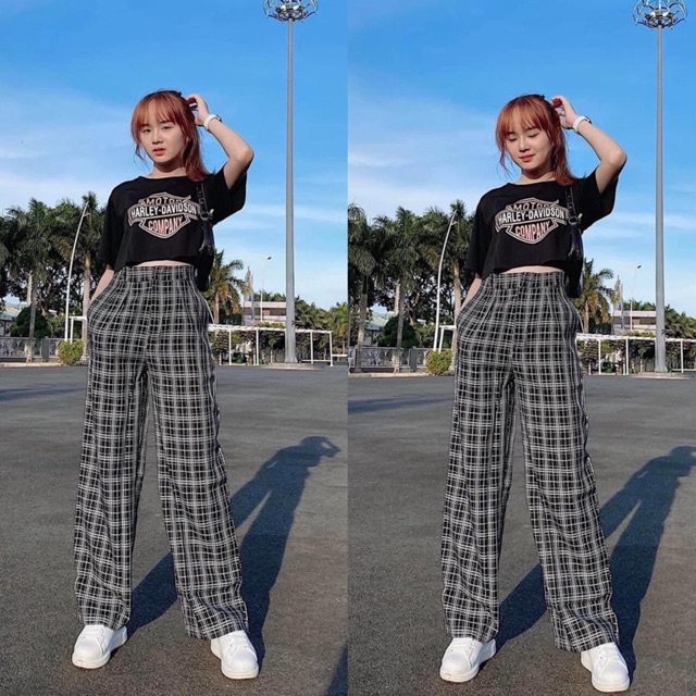 Quần kẻ caro ống suông cạp cao ( hình shop tự chụp ). | BigBuy360 - bigbuy360.vn