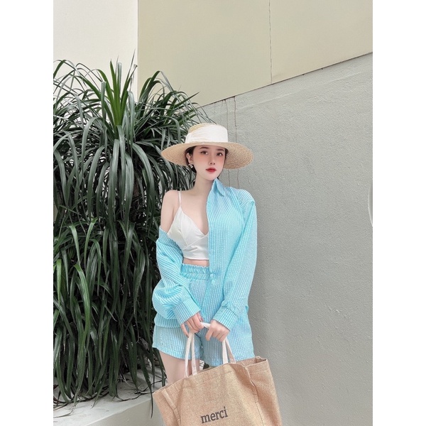 Set bộ sơ mi kẻ xốp kèm áo bra/ set 3 món ALOHASHOP91