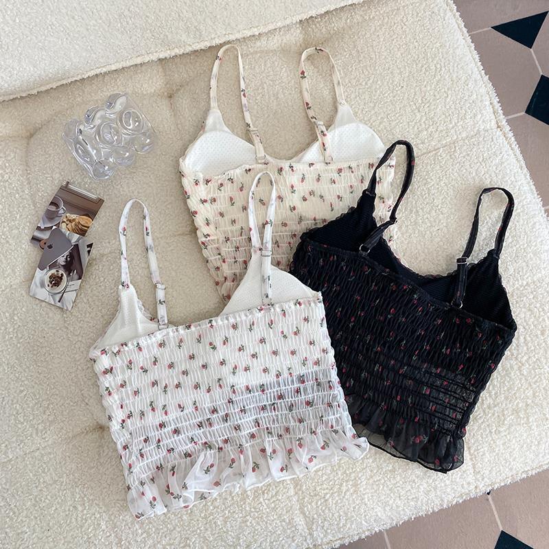 Áo Bra 2 Dây Nhún Hoa Nhí Bo Chun - Áo Thun Croptop Tiểu Thư Đáng Yêu AMYBRA B8421