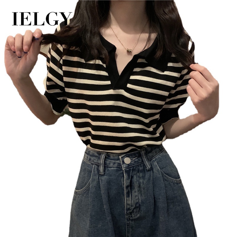 Áo thun IELGY tay ngắn cổ polo họa tiết kẻ sọc phong cách Hàn Quốc