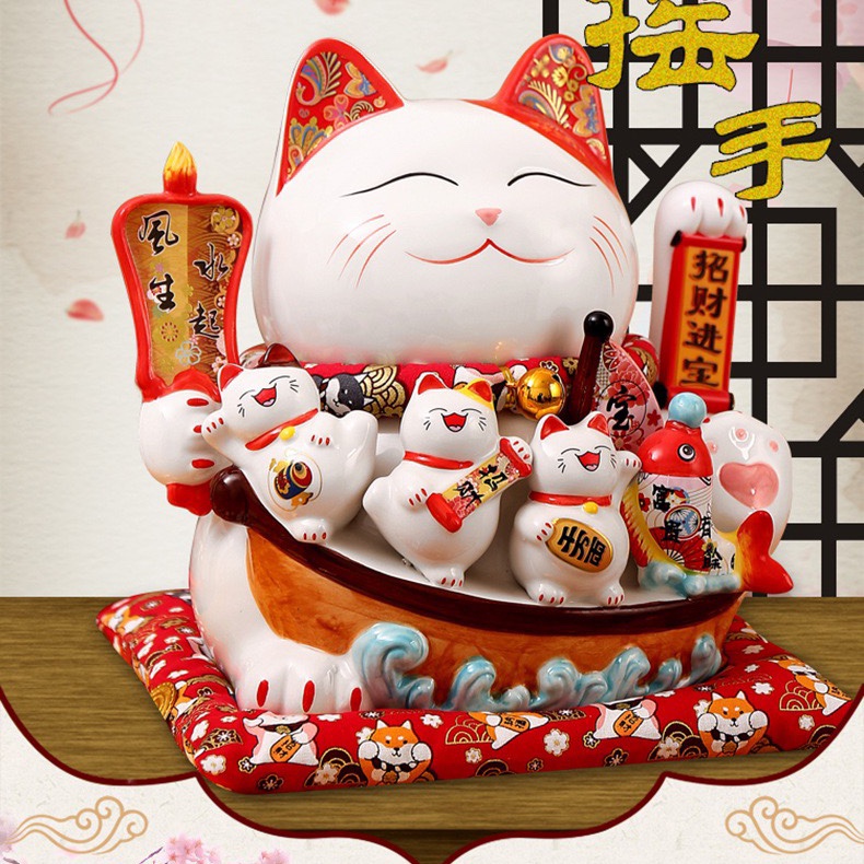 Mèo Thần Tài Vẫy Tay 27cm Mèo May Mắn Tài Lộc Maneki Neko Nhật Bản Bằng Gốm Sứ Cao Cấp