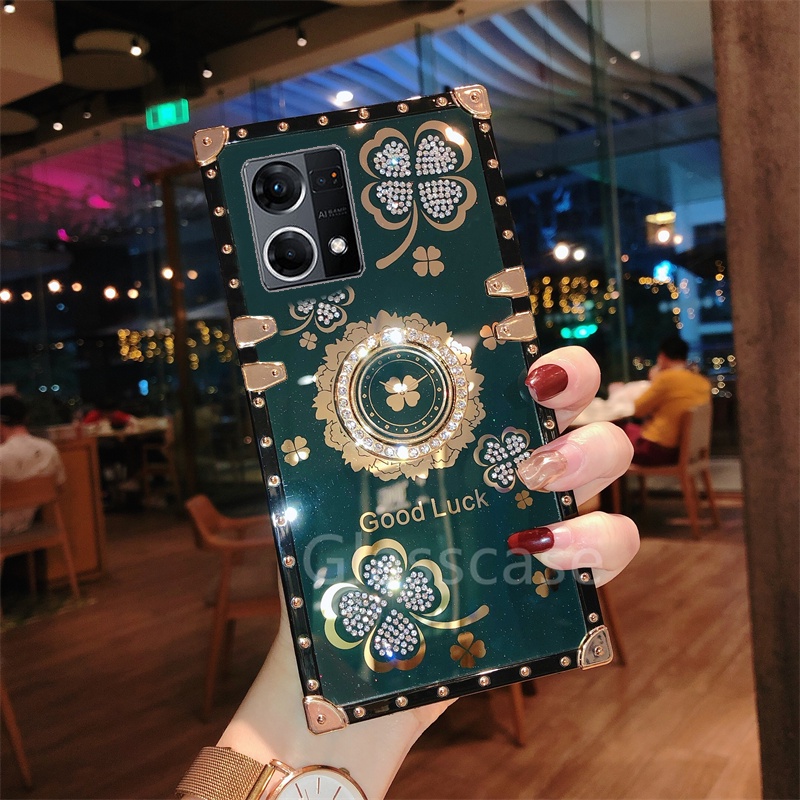 Ốp Điện Thoại Hình Cỏ Ba Lá Đính Đá Gắn Nhẫn Đỡ Cho Oppo Reno 7 7Z 8 5 6 Pro Reno7 Reno8 Z 4G 5G