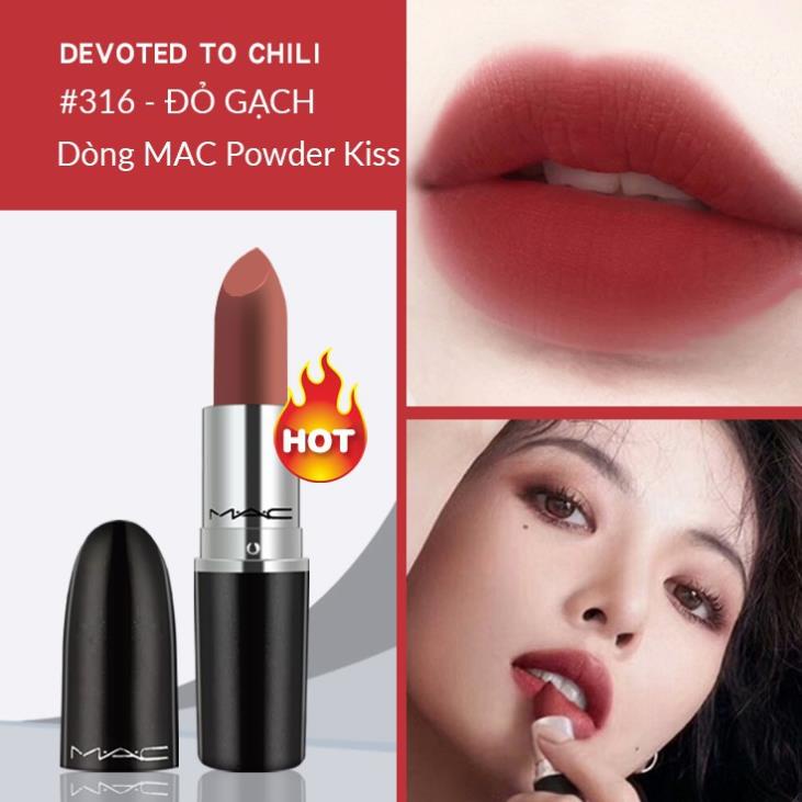 Son Mac Powder Kiss,thỏi son lì Mac với độ bám màu tốt, son lên màu chuẩn, chất son lì mịn như bột, đủ các màu hot 2022