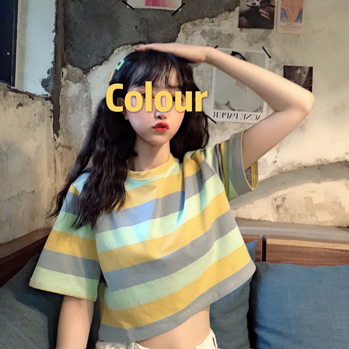 Women Korean Striped Short Sleeve Crop Tops | BigBuy360 - bigbuy360.vn