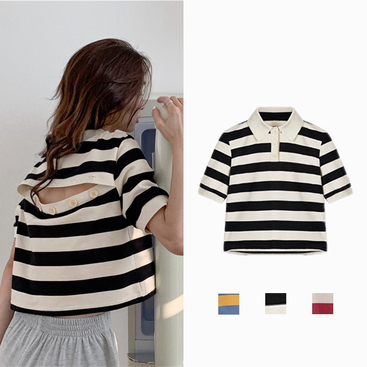 Áo Polo Xiaozhainv Dạng Croptop Ngắn Tay Họa Tiết Sọc Phối Cúc Kiểu Vintage Hàn Quốc Cho Nữ