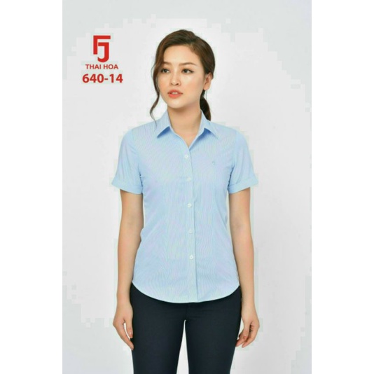 CHÍNH HÃNG THÁI HOÀ Áo sơ mi kẻ sọc xanh vải mềm 640-14-01