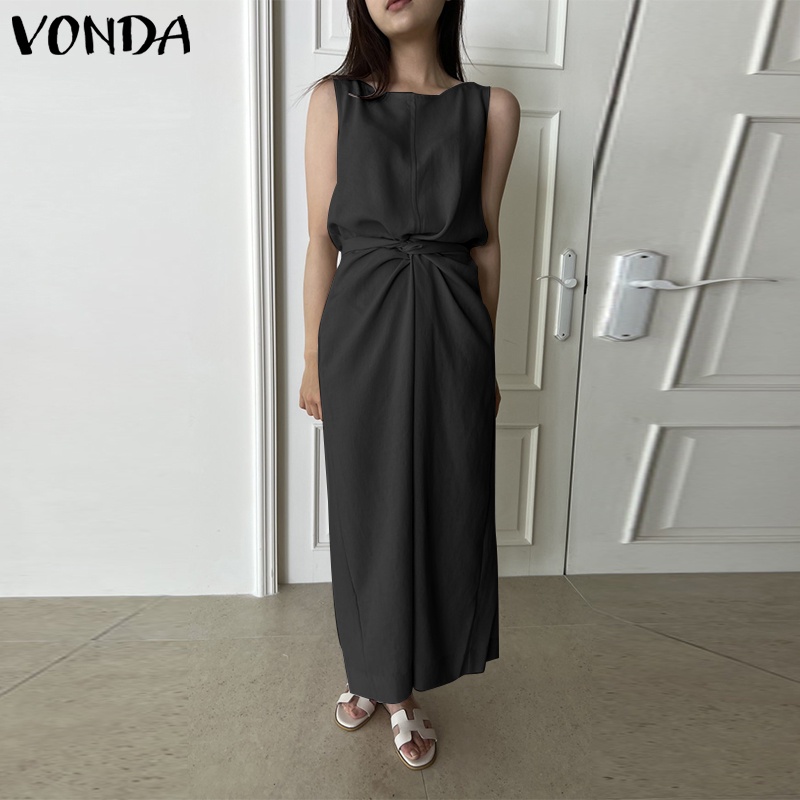 Đầm dài VONDA xếp ly cổ tròn không tay màu trơn thời trang Hàn Quốc dành cho nữ