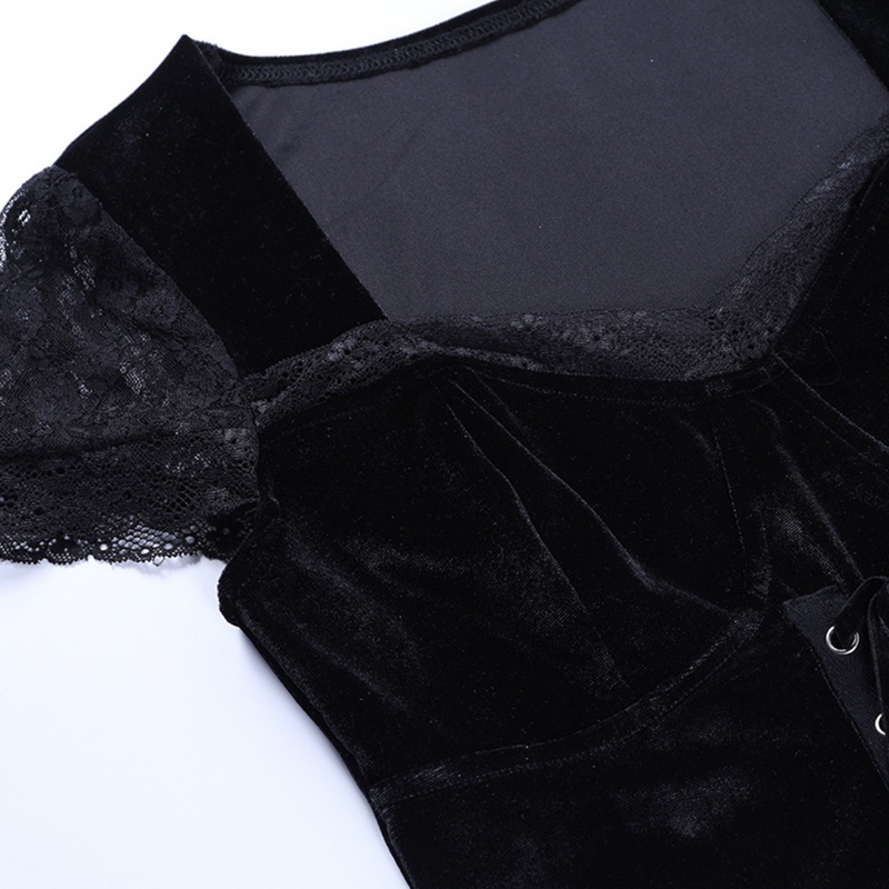 Áo Croptop Nhung Tay Ngắn Cổ Vuông Cột Dây Phong Cách Gothic Harajuku Vintage Gợi Cảm Cho Nữ