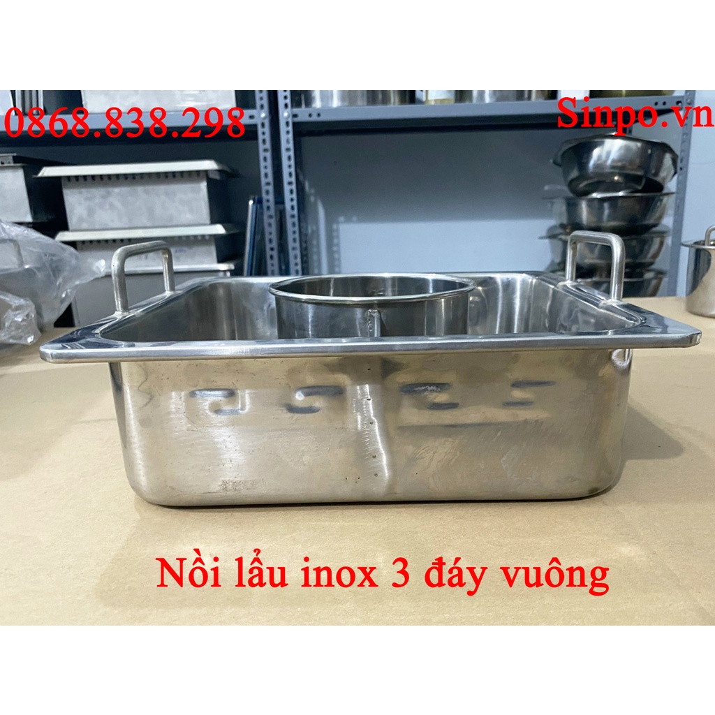 Nồi lẩu inox 3 ngăn, xoong 3 ngăn inox vuông dùng được cho bếp từ