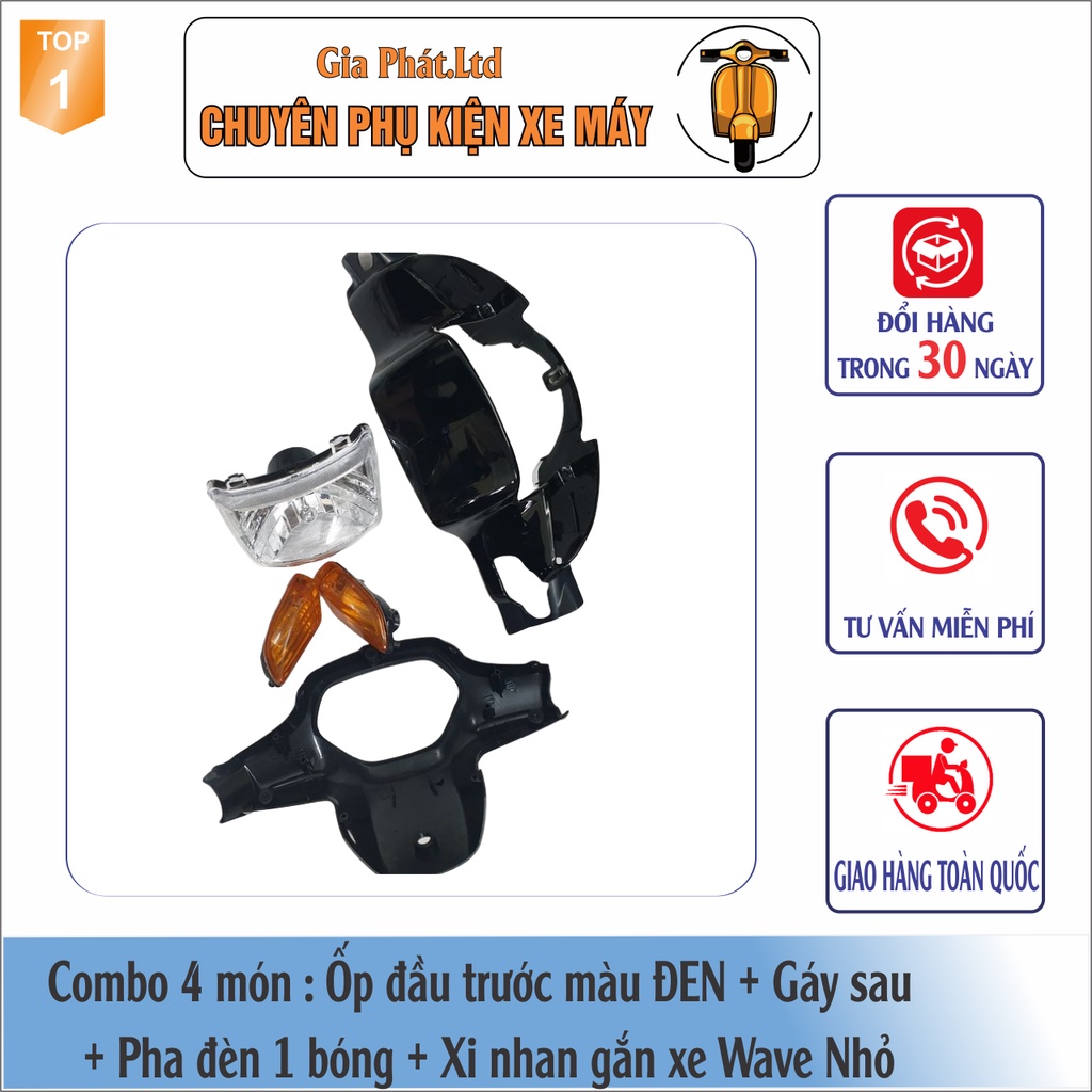Combo ốp đầu trước màu ĐEN gắn xe Wave Thái, ZX, Wave 110 đời 1997-2006 đủ ốp đầu, gáy, pha đèn, xi nhan