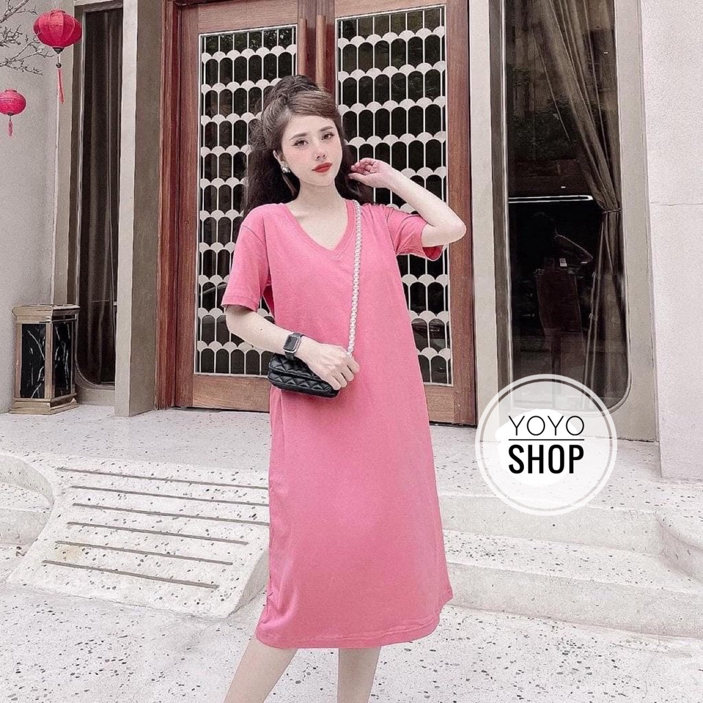Đầm trơn basic dáng suông bigsize thun thái cao cấp YoYo tay lỡ cổ tròn màu hồng cổ tim
