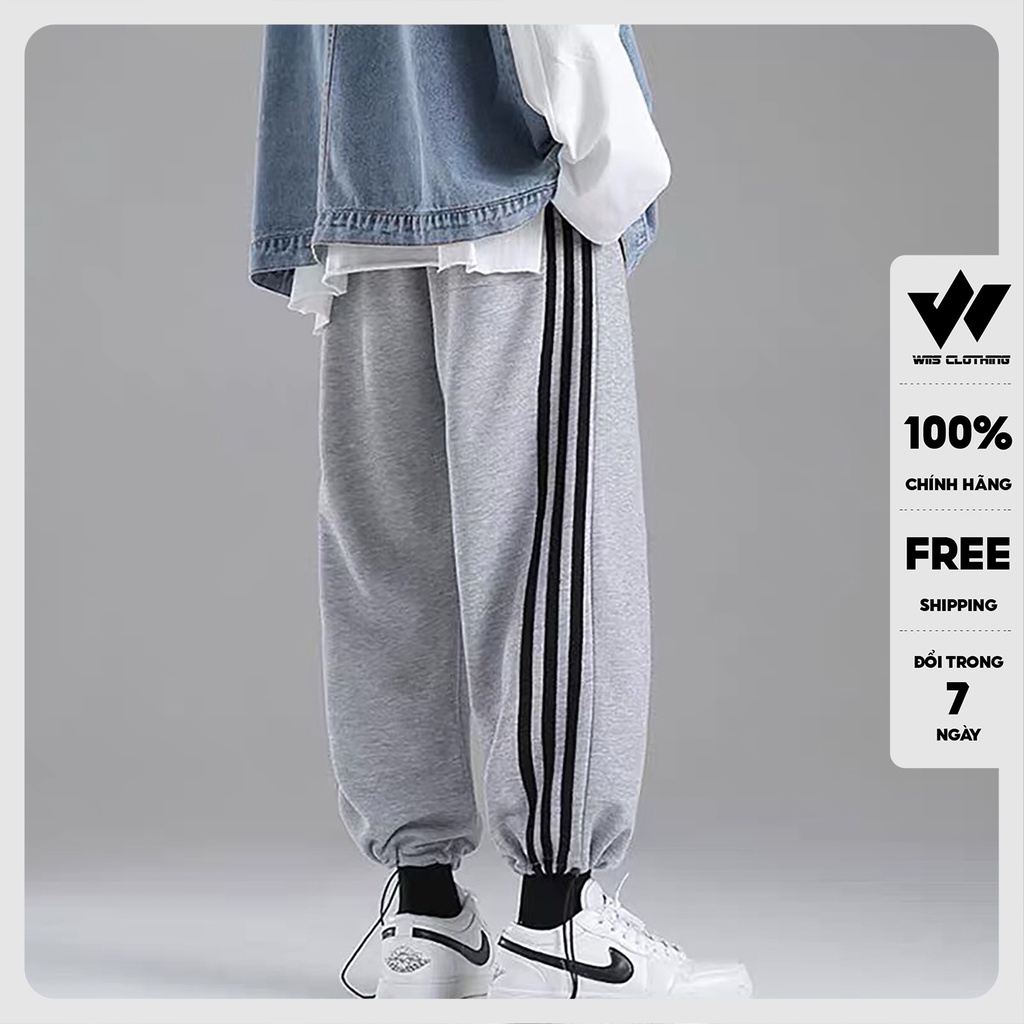 Quần jogger ống rộng unisex WIIS Bó Chun dây rút basic 3 Sọc nam nữ oversize ullzang