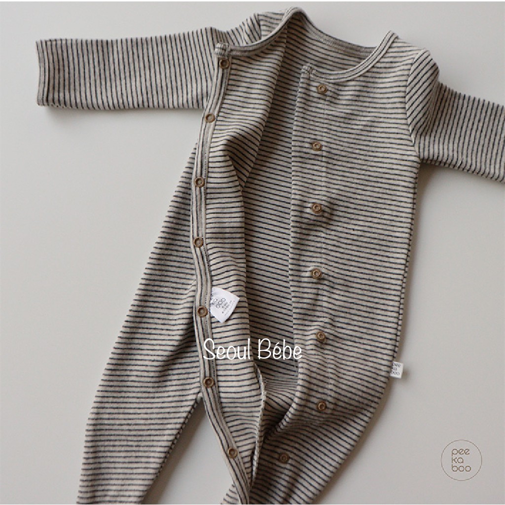 Set jumpsuit liền bàn kèm mũ bông bộ kẻ Tata Peekaboo thu đông cho bé 3-11kg