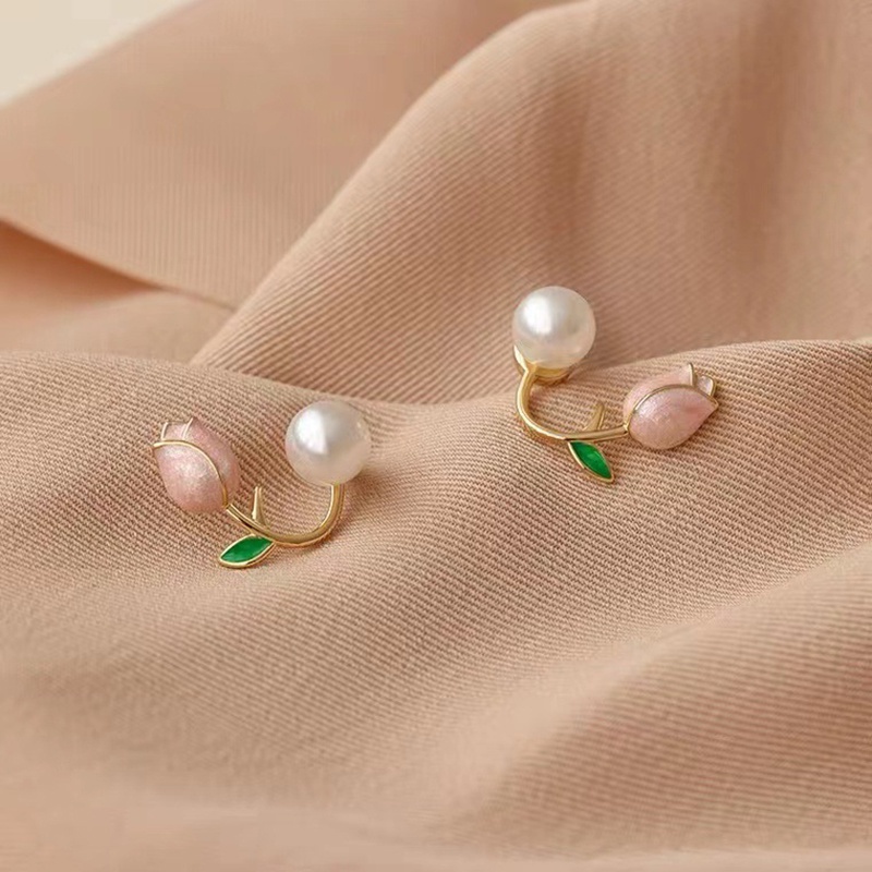 Khuyên Tai Hình Hoa tulip Đính Ngọc Trai Màu Hồng Thời Trang Mùa Hè Cá Tính