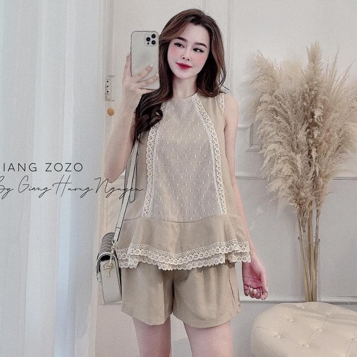 Bộ be viền phối ren, set áo ba lỗ đũi phối ren mix quần sooc xinh xắn - S26