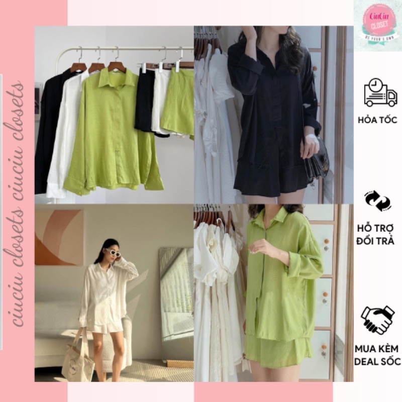 Set Áo Sơ Mi Nữ Dài Tay Kèm Quần Short Chất Xô Mềm Basic 3Màu Trẻ Trung