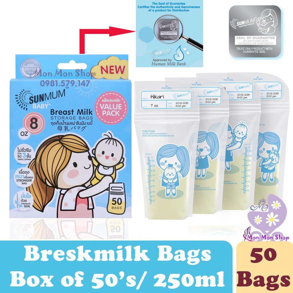 (Hộp nguyên tem niêm phong) 50 túi trữ sữa Sunmum Thái Lan 250ml