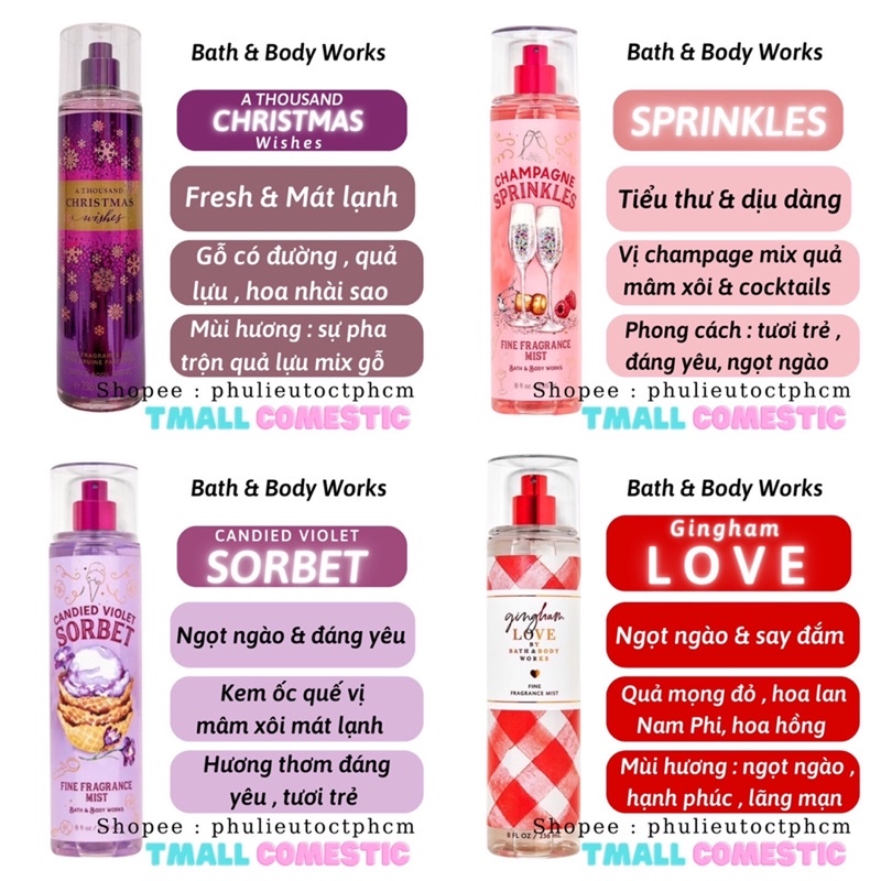 [Mã COSXANH100 giảm 10% đơn 250K] Xịt thơm toàn thân body mist Bath And Body Works 236ML Tmall Cosmetic | BigBuy360 - bigbuy360.vn