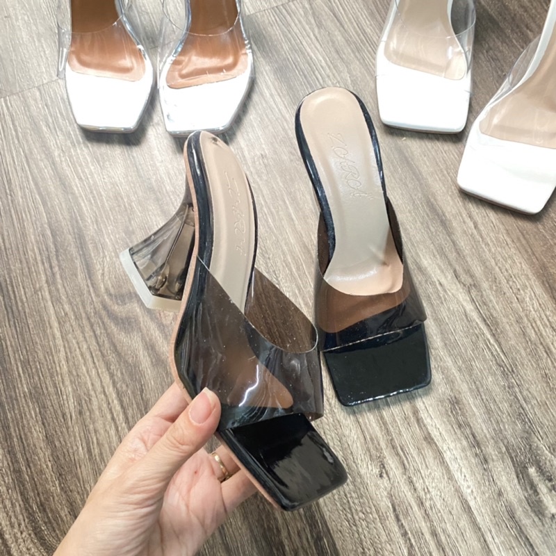 Giày guốc cao gót nữ đế loe quai trong mica màu đi tiệc sang chảnh DOLOE